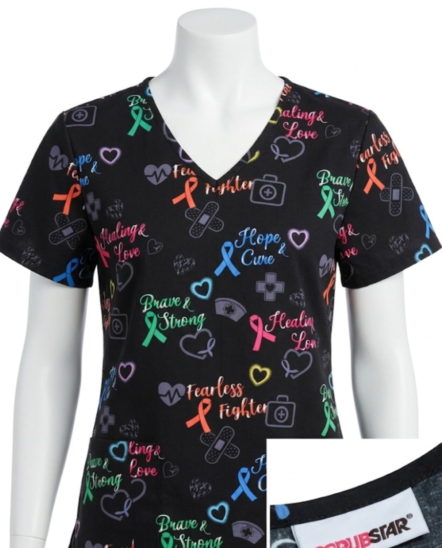 Scrubstar Women’s V-Neck Medical Scrub Top Black Multicolor Ribbon Print Xl