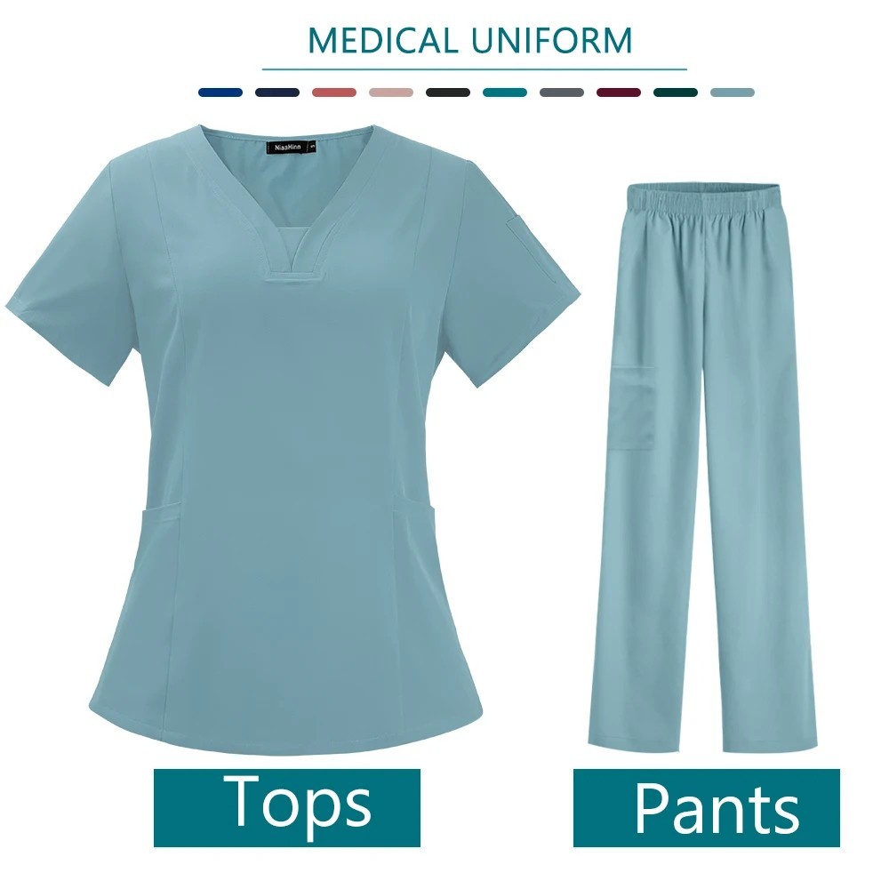 Women’s Medical Scrub Set V Neck Nursing Uniform Top Pants Workwear