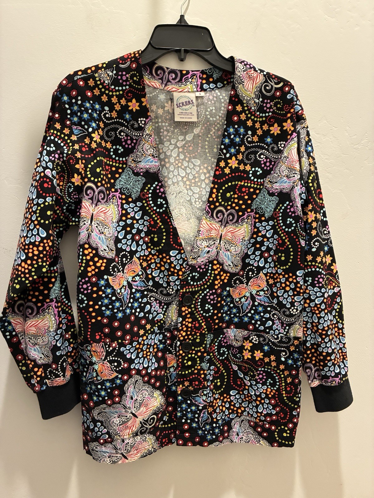 S.C.R.U.B.S. Unisex Scrub Jacket Top S Black Multicolor Butterfly Print Cotton