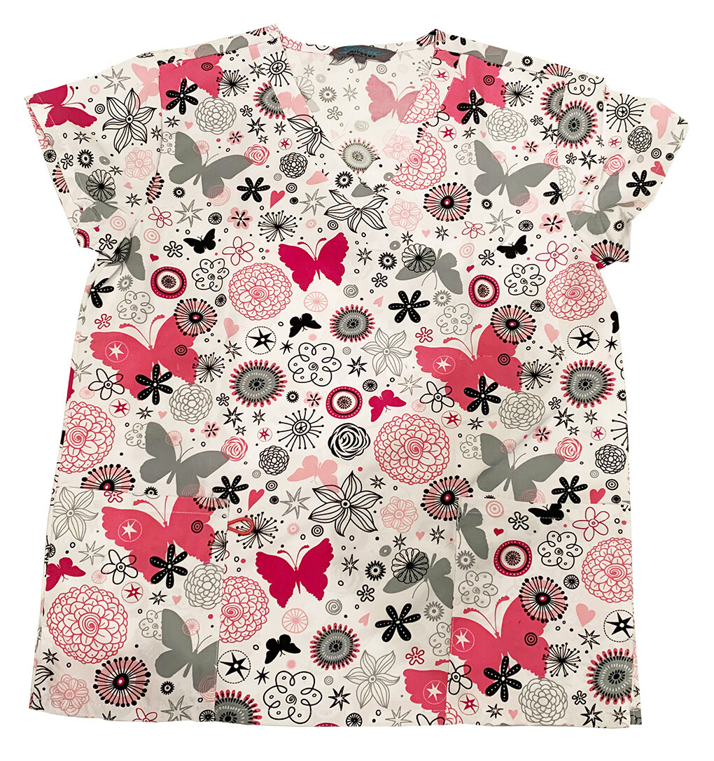 Womens Microfiber Medical Scrub Tops Red Gray Black Butterflies Flower 2X
