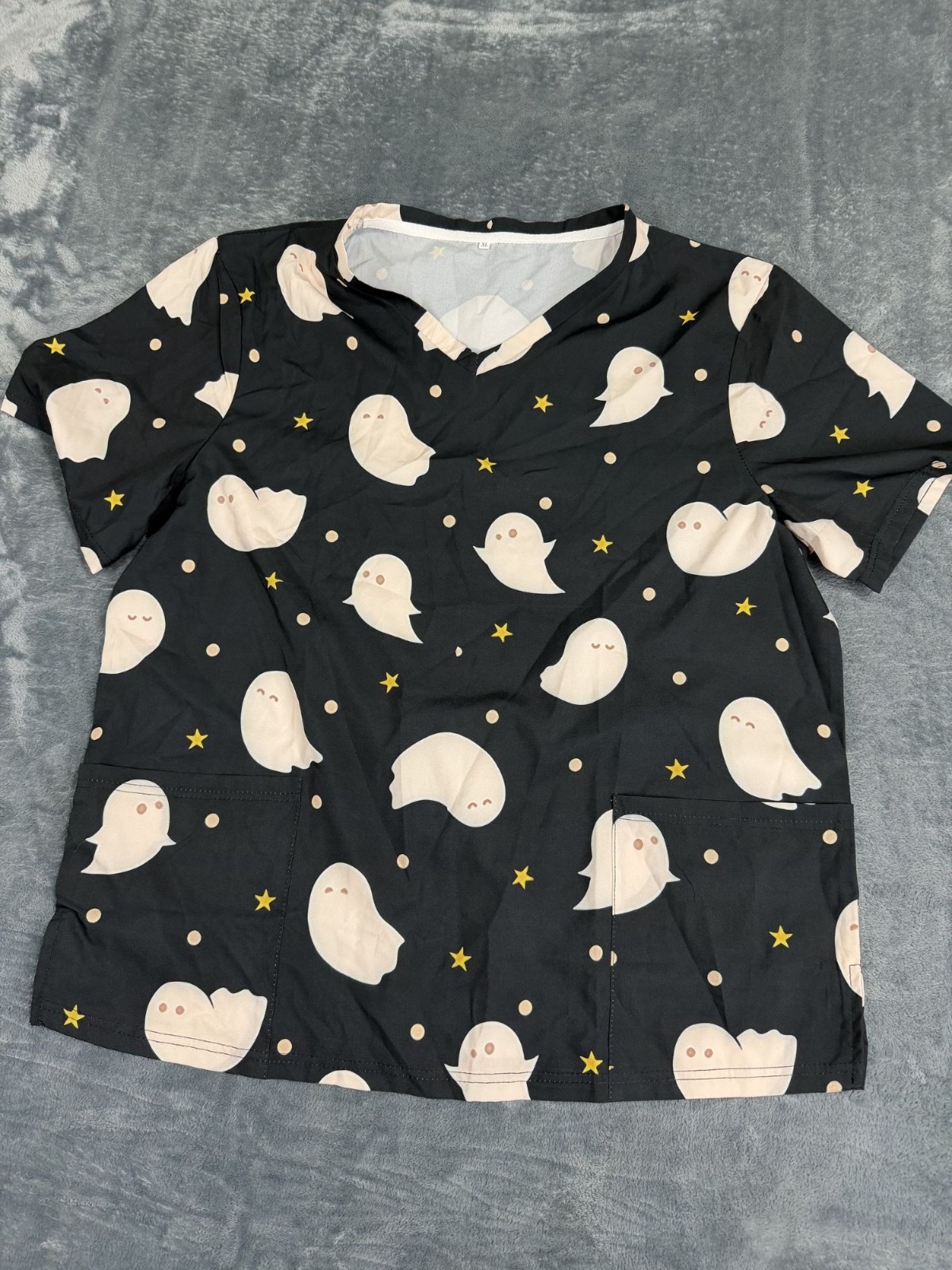 Womens Black Ghost Star Print Halloween Scrub Top V-Neck Pockets XL