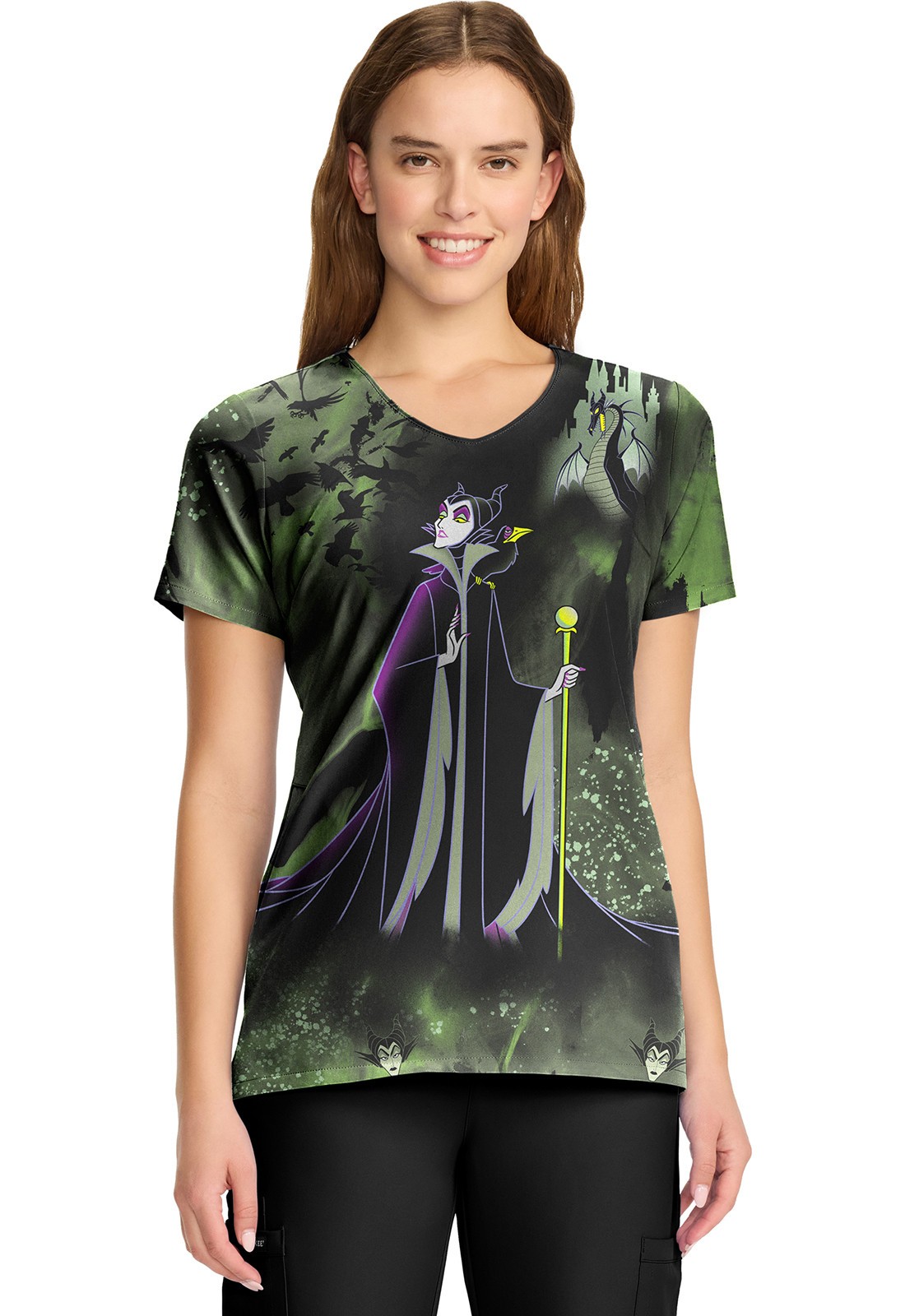 Maleficent Cherokee Scrubs Tooniforms Disney V Neck Top TF626 VIDC
