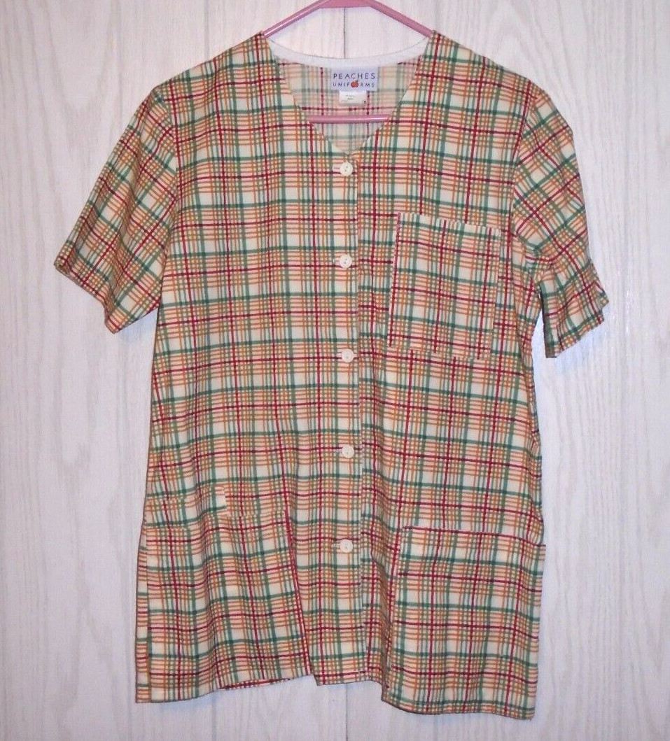 Peaches Uniforms Womens Multicolor Plaid Button Up Scrub Top Size S