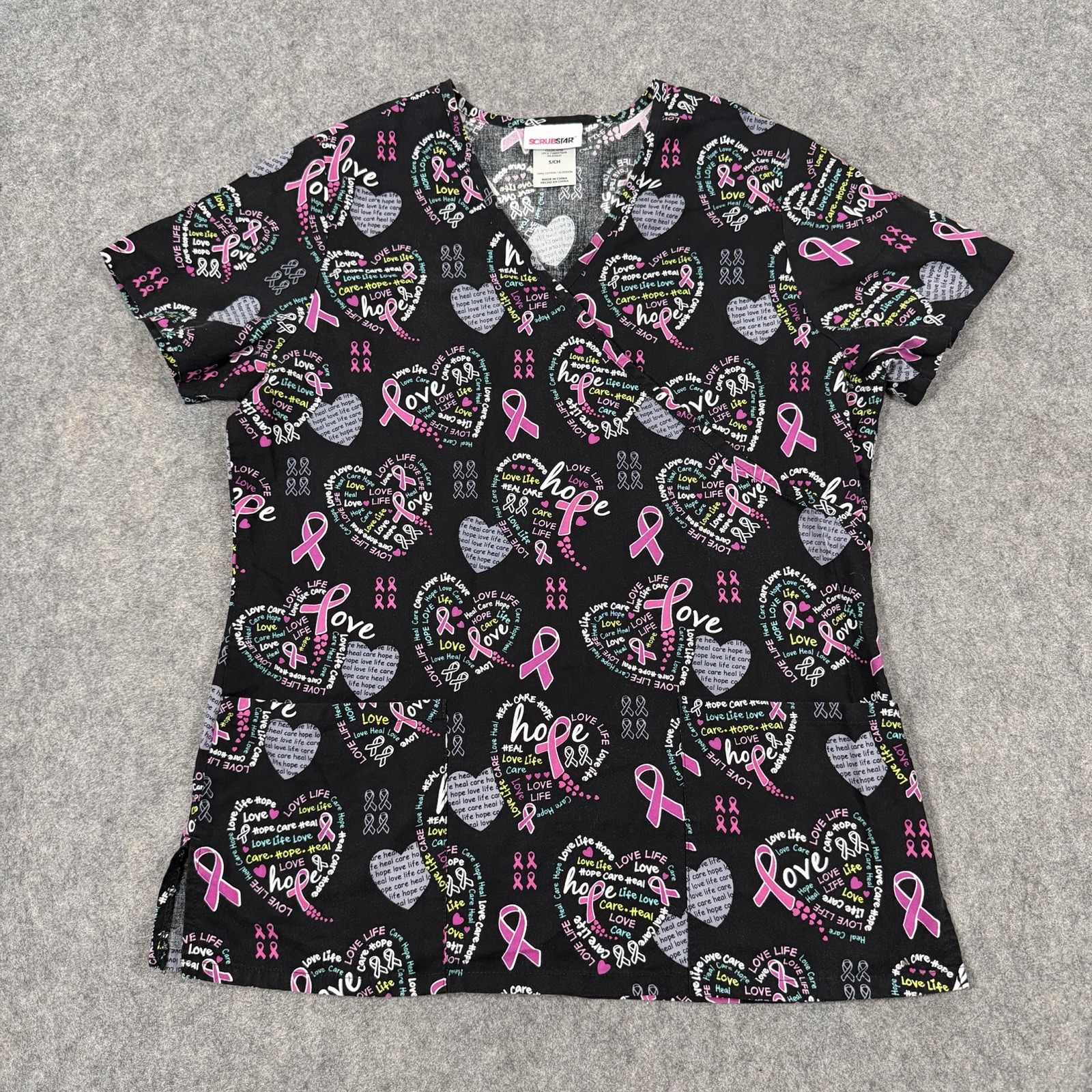 Scrubstar Ribbon Hearts Nursing Scrub Top Uniform Women’s Size Small Multicolors