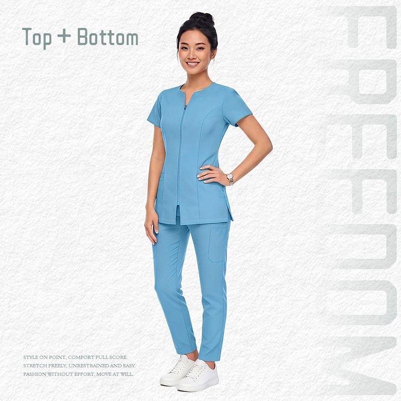Women Front Zip Set Short Sleeve Spa Beauty Salon Uniforms Dentist Workwear