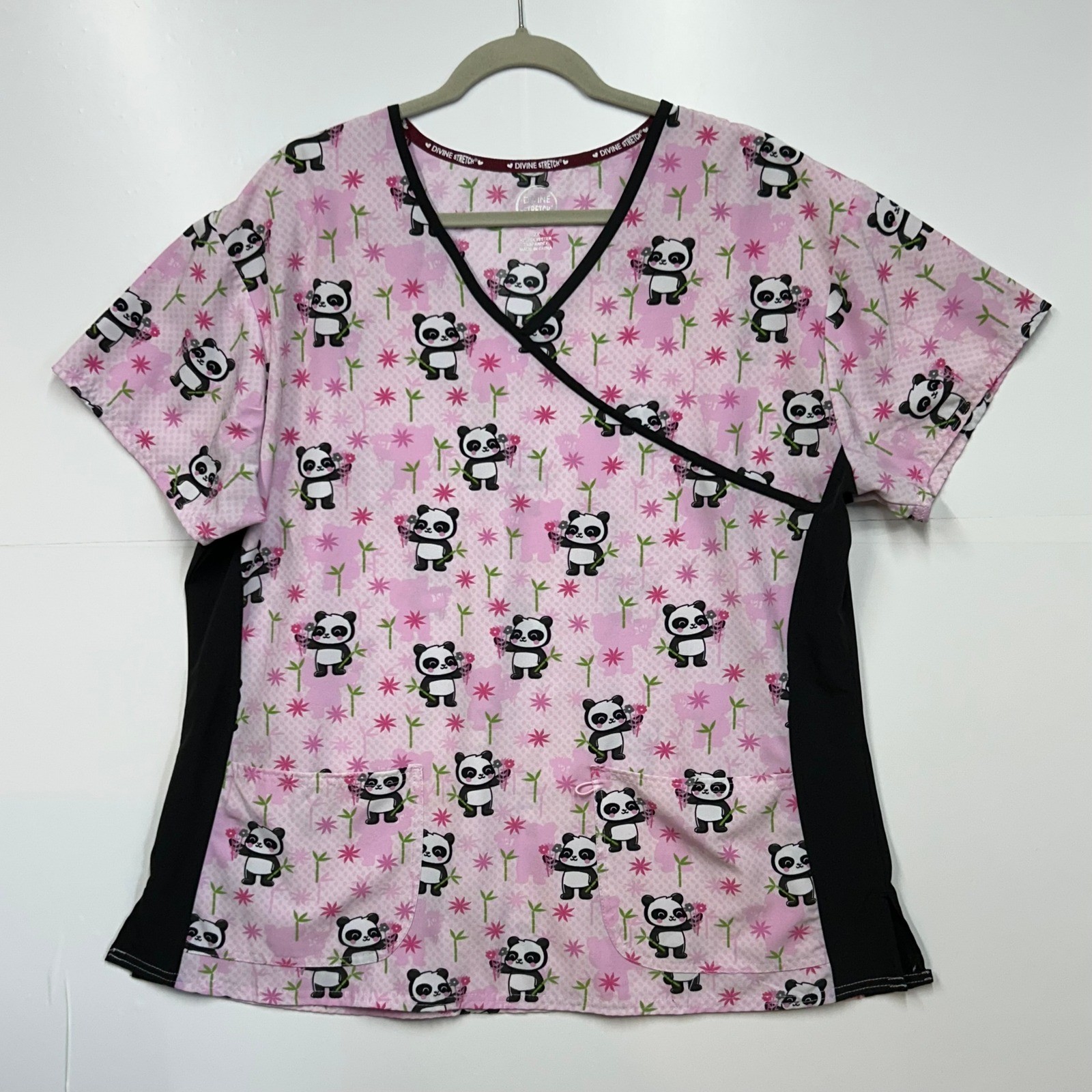 Divine Stretch by JDM Pink Panda Print Scrub Top 2X Mock Wrap V-Neck
