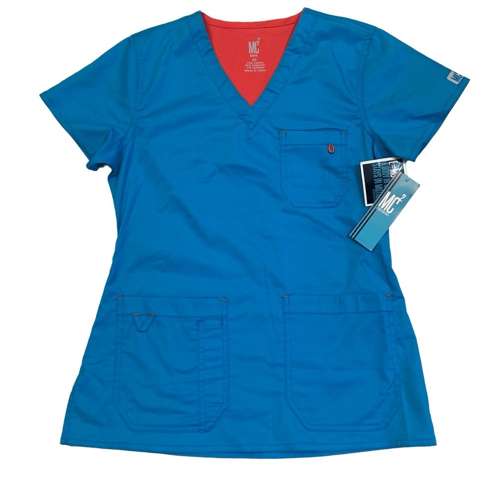 NWT MC2 Med Couture Turquoise Teal Oasi V Neck Scrub Uniform Top Women Size XS