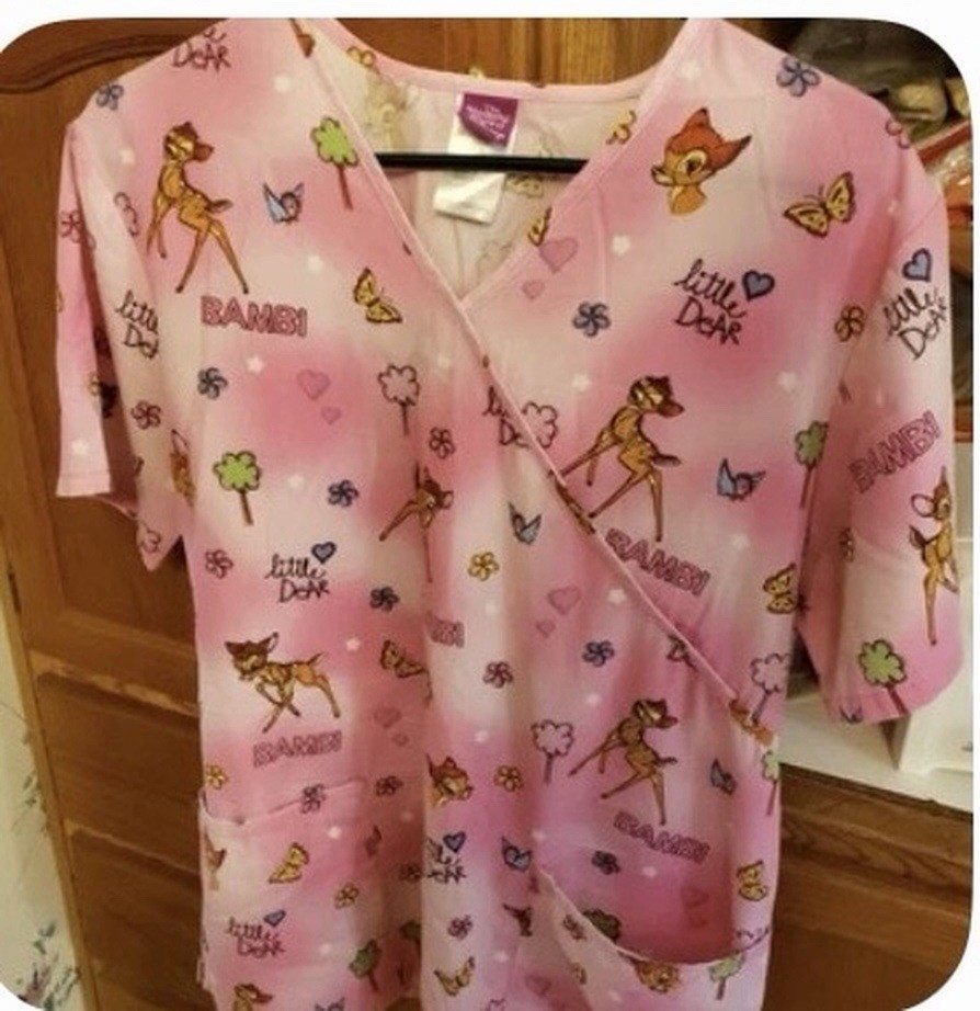Disney Bambi Scrub Top Women Medium Short Sleeves Pockets V Neck Cotton