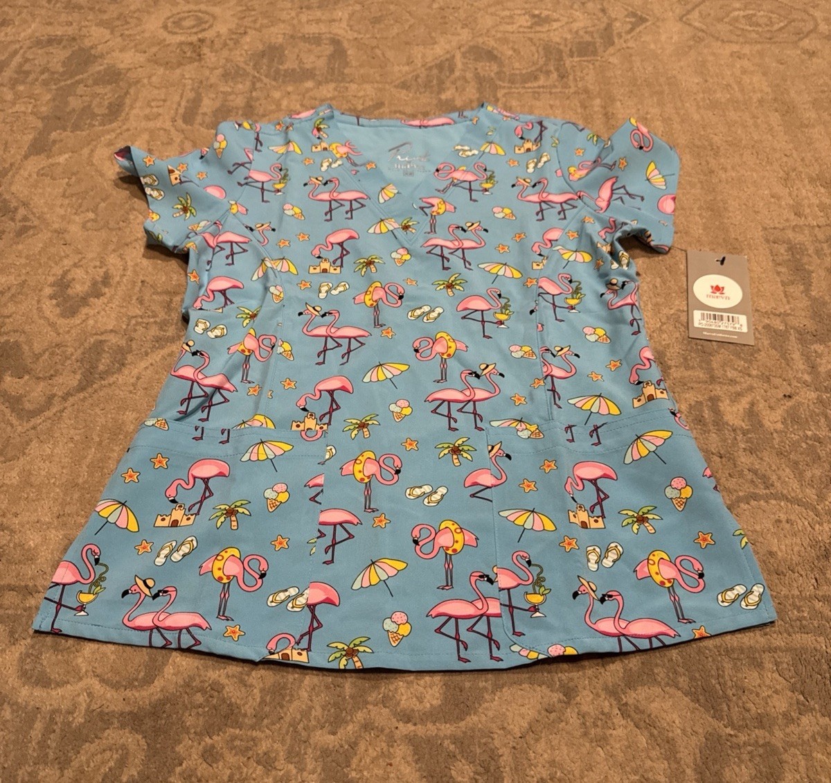 Maevn Scrub Uniform Medical Top Flamingo Shirt V Neck Womens Sz XS XSmall New