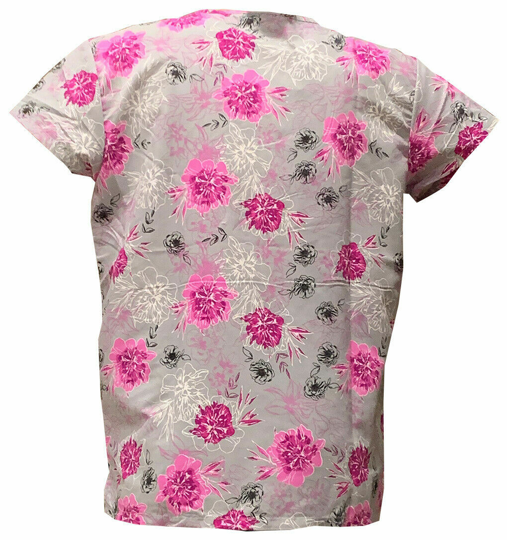 Women Ultra Soft Touch Microfiber Medical Scrub Gray Base Pink White Flow XL