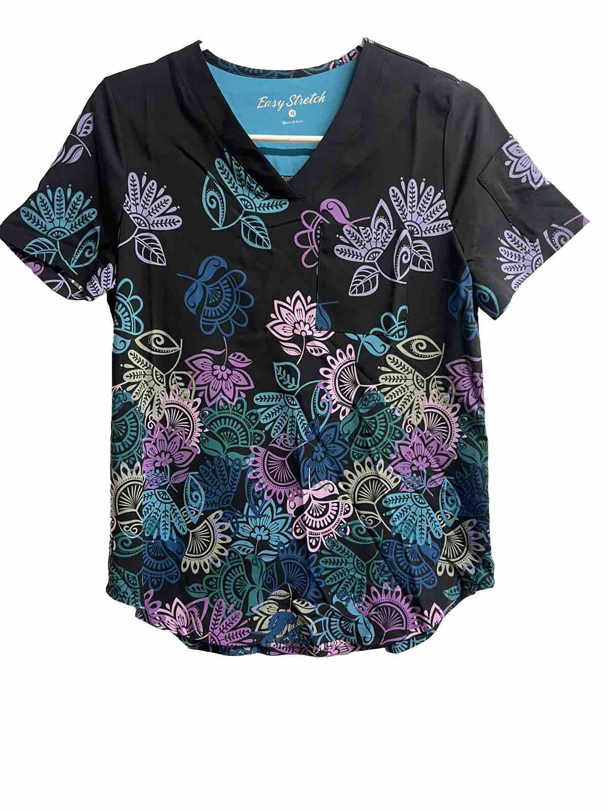Easy Stretch sz XS Scrubs Black Floral V Neck NWOT