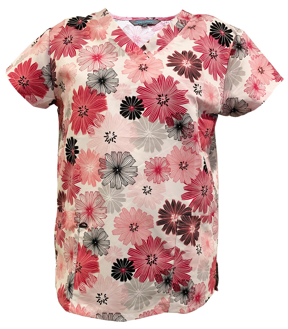 Womens microfiber ultra medical scrub Red gray black sketch flowers S