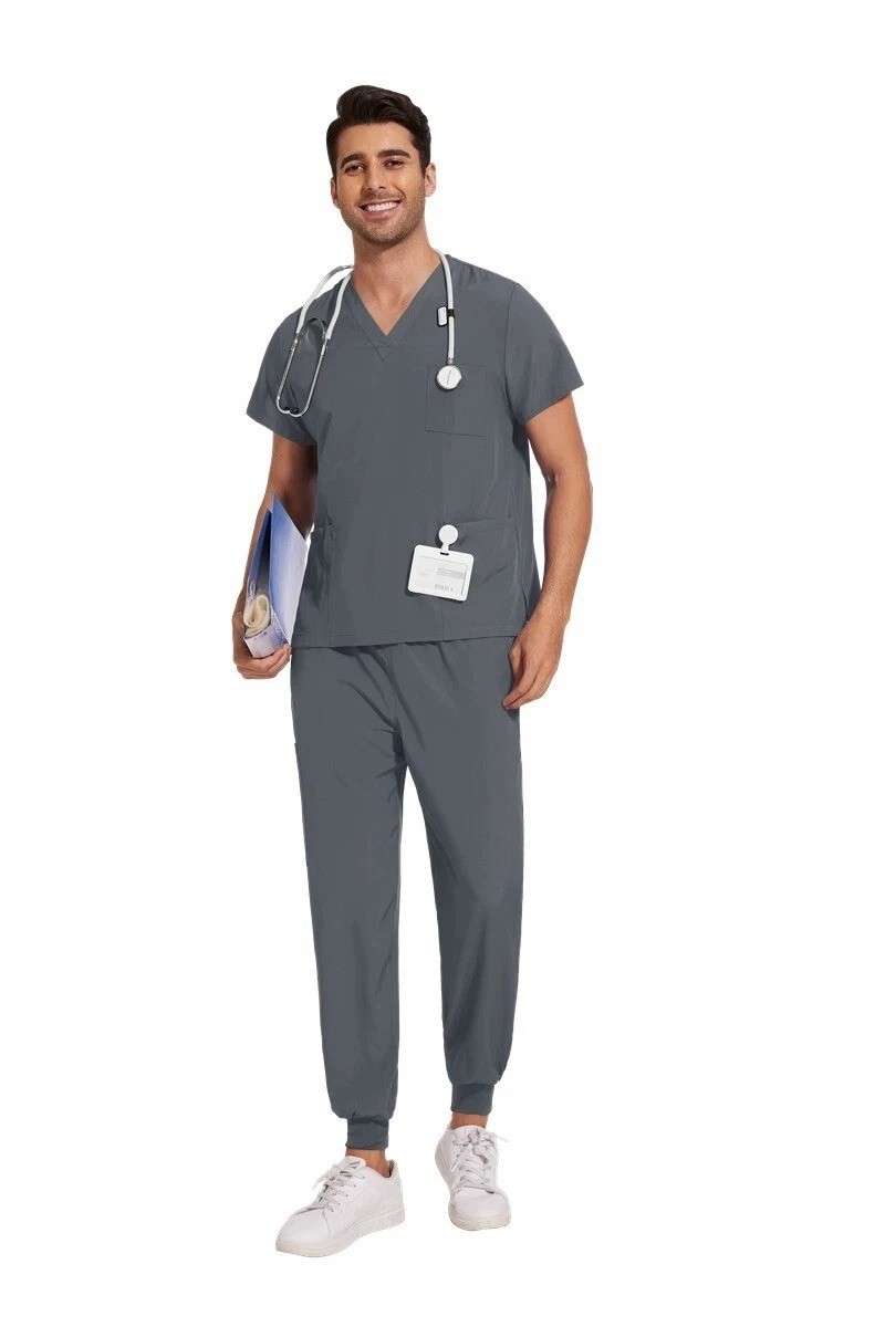 Grey Nurse Scrub Set for Men Medical Uniform Jogger Pants Pockets S M L XL 2XL