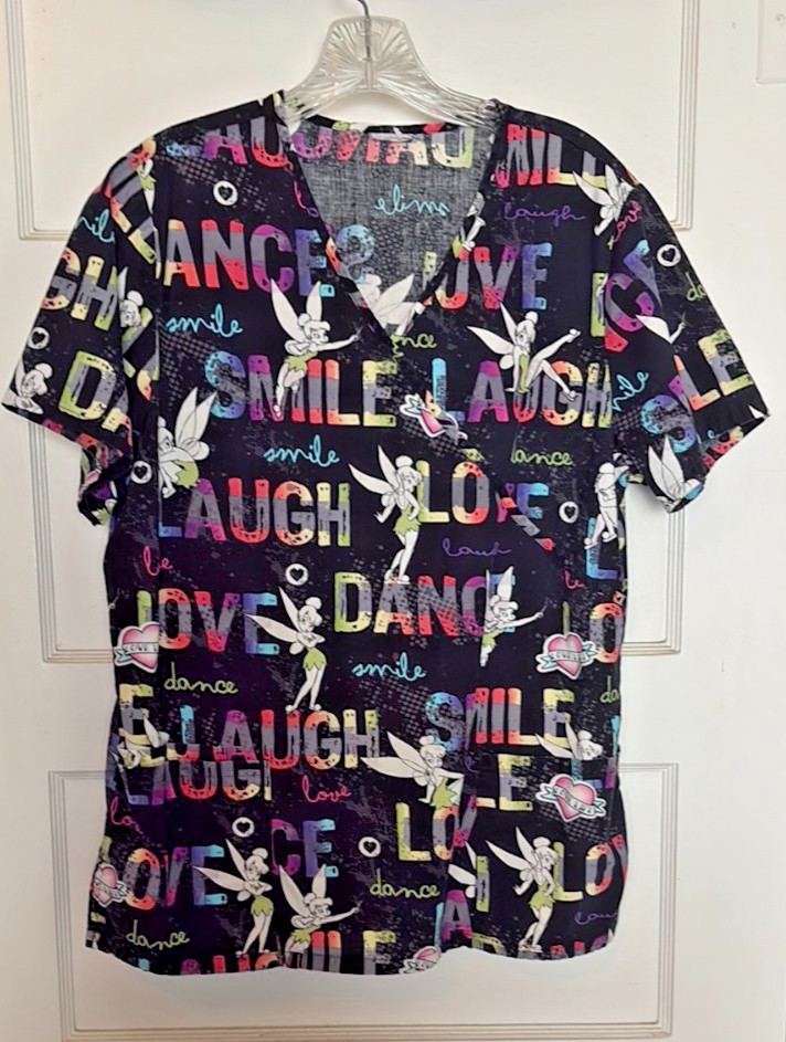 Disney Tinkerbell Colorful Graphic Print Woman’s Scrub Top Size M