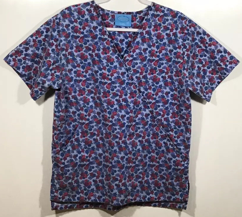 Scrubs Top womens size S Small by The Scrub Co. Calico Flowers roses Blue Pink