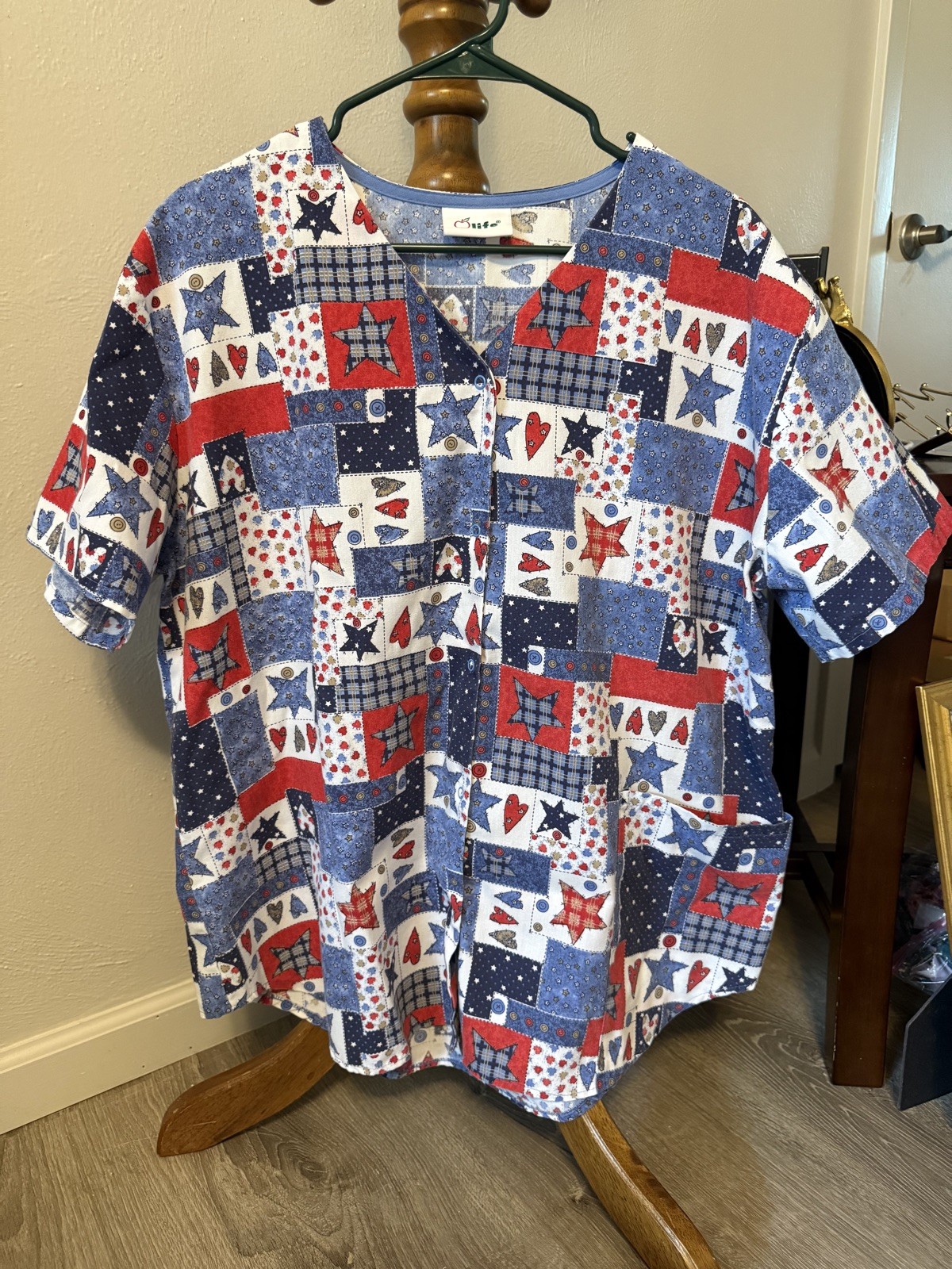 Apple Life Americana Red, White, and Blue Patchwork Stars and Stripes Scrubs Top