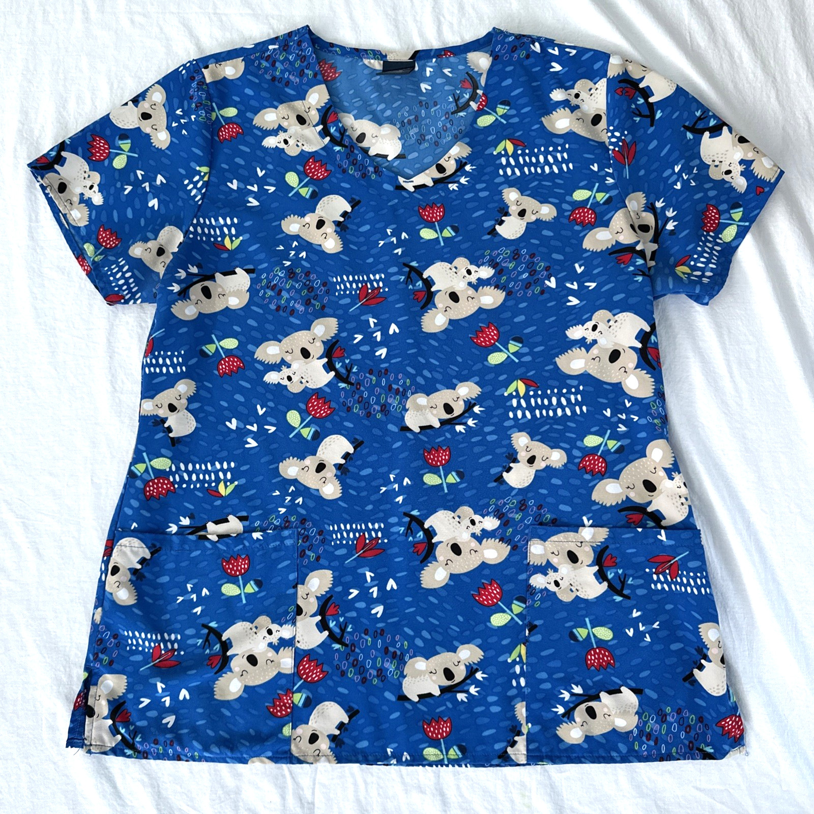 Zoe + Chloe Scrub Top Womens Medium Blue Koala Bears Floral Medical Nurse Peds