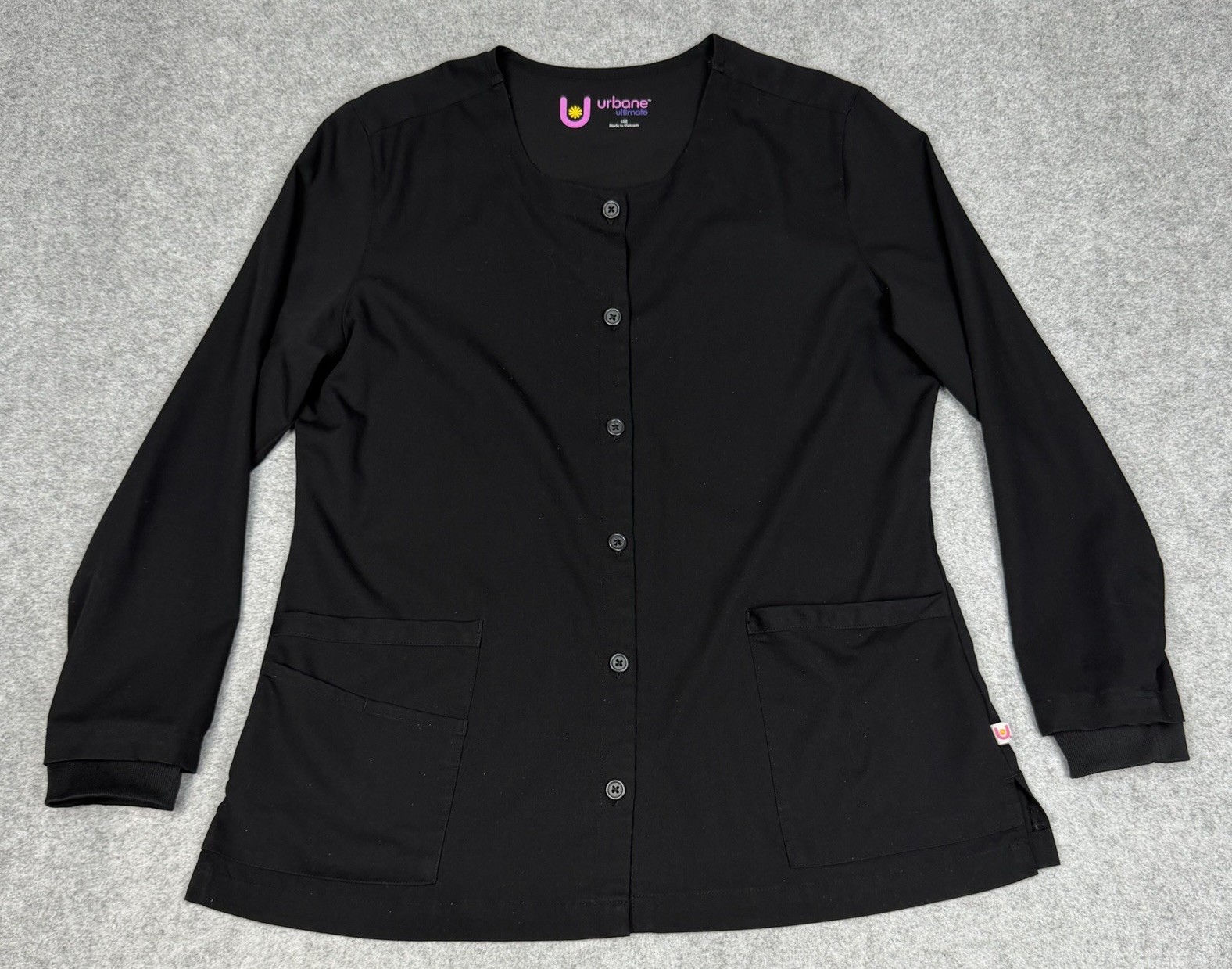Urbane Ultimate Scrub Jacket Womens L Black Stretch Button Up Pockets Knit Cuffs