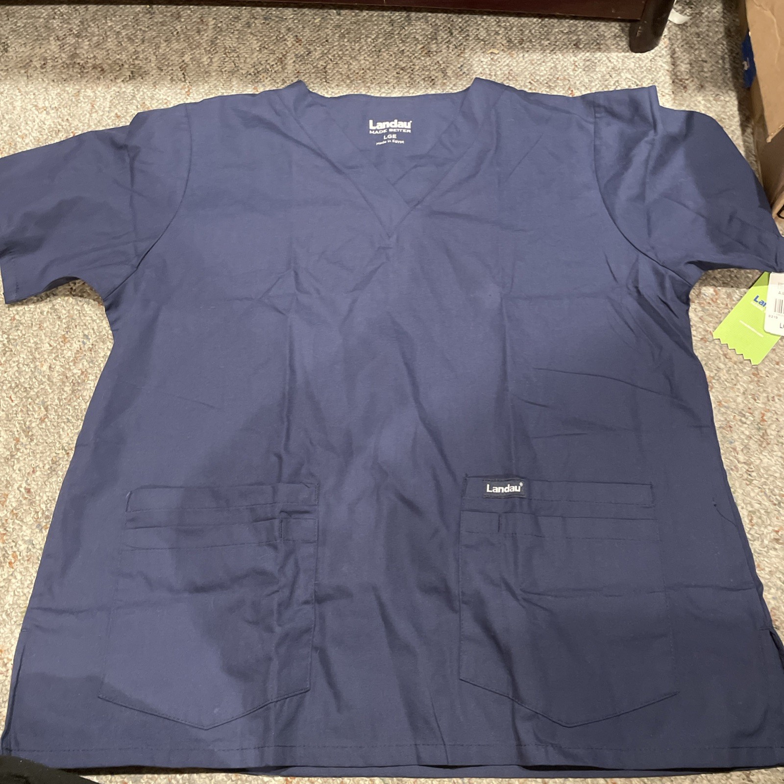 Scrub Shirt, Cotton/Polyester, Short Sleeve, 4 Pockets, V-Neck, Navy, Size L