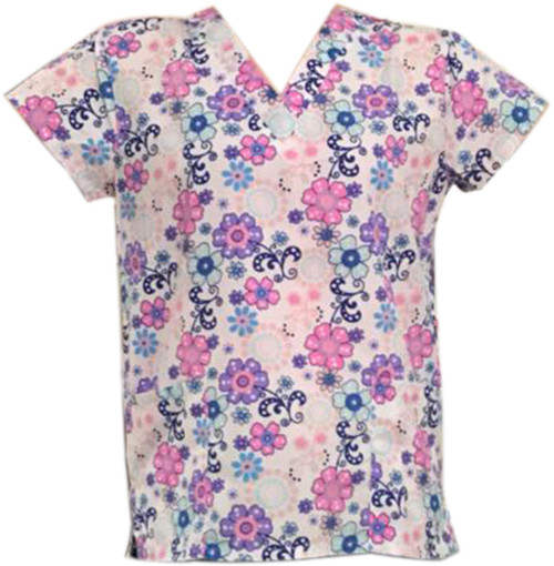 Women’s Fashion Medical Nursing Scrub Tops Pink Purple Light Blue Flowers S