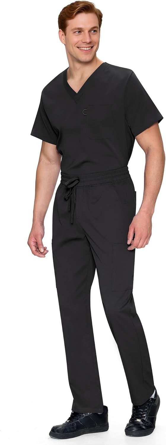 Scrubs for Men Set – V-Neck Scrub Top and Straight Leg Pants with 11 Pockets …