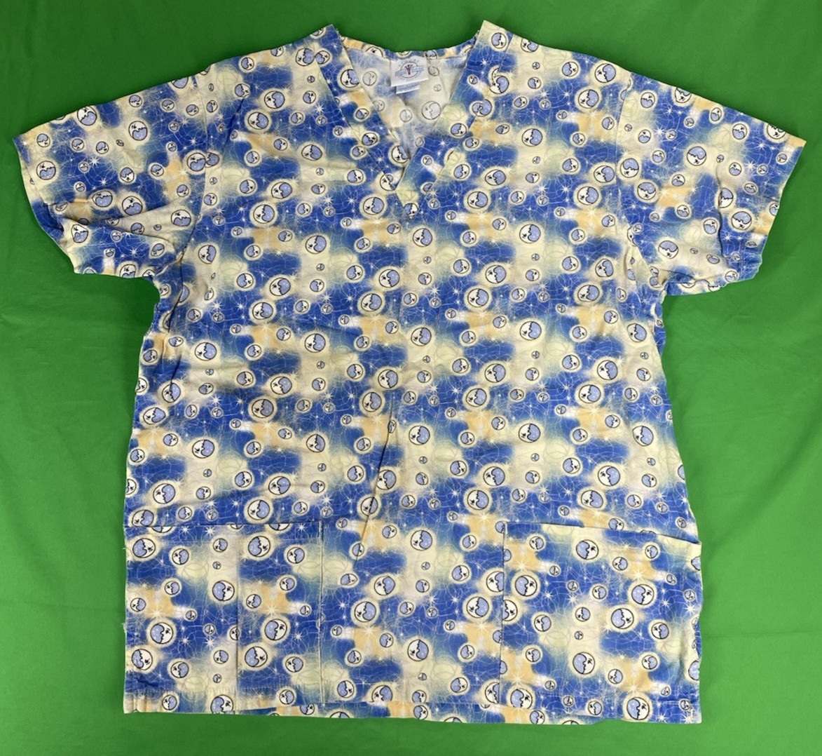 XS Blue and Yellow Crescent Moon Scrub Top