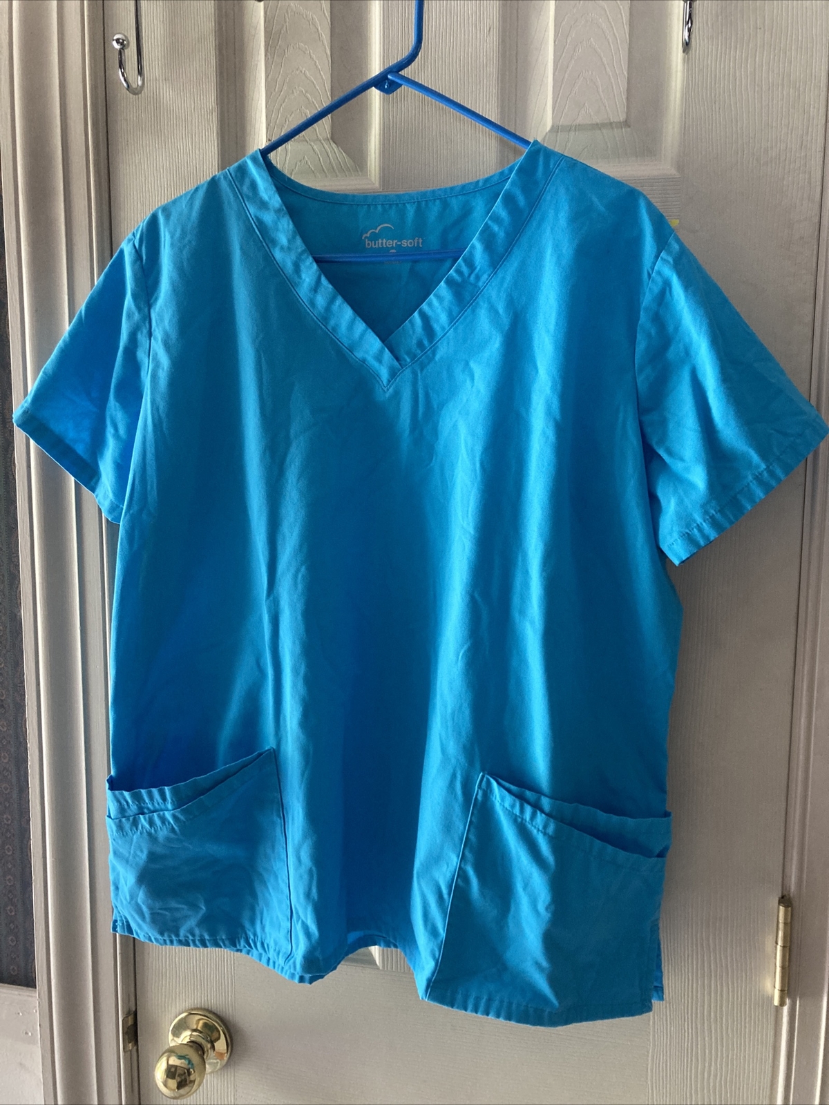 BUTTER SOFT WOMENS TURQUOISE BLUE SCRUBS TOP SZ XL