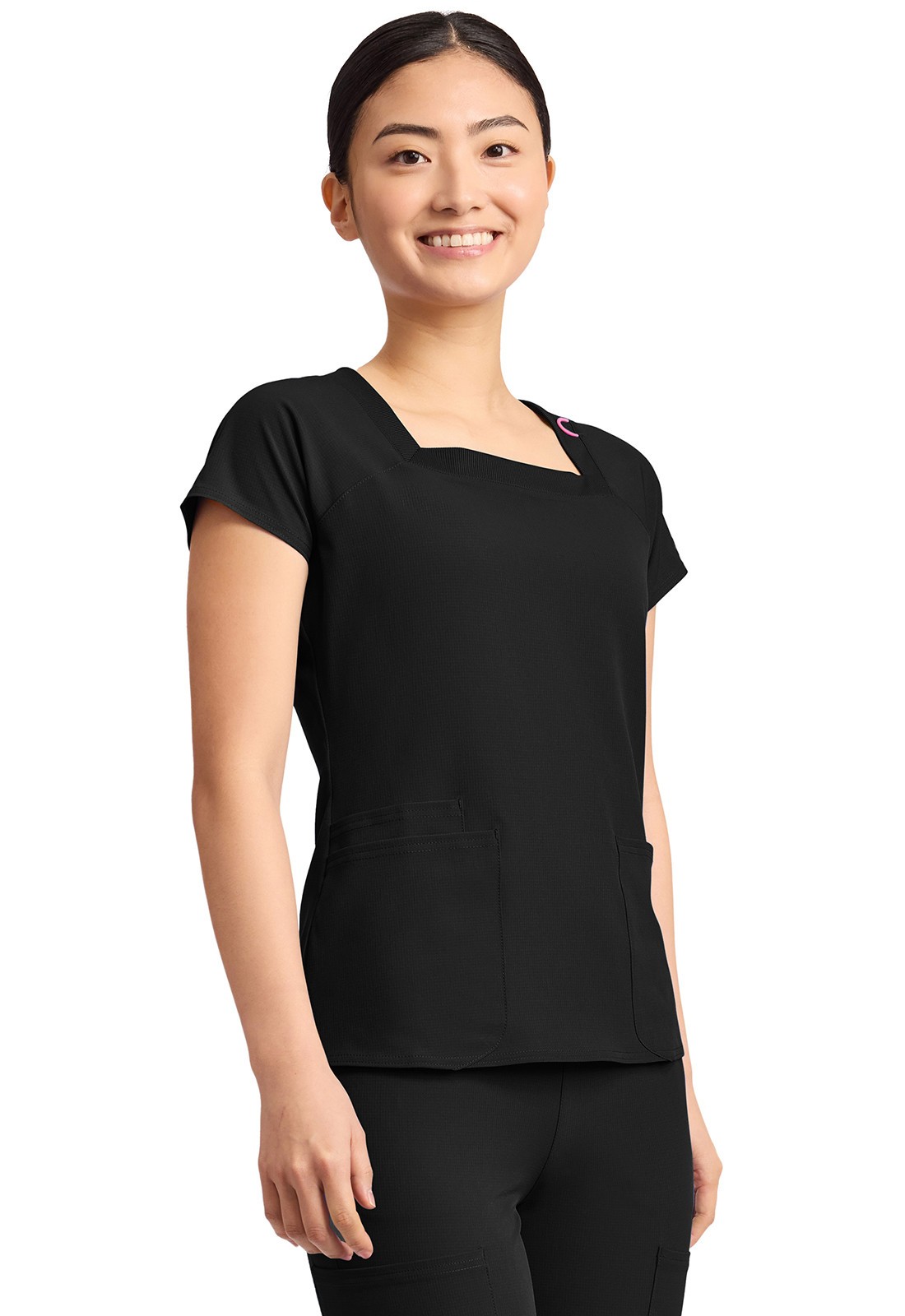 Scrubs Women’s Med Couture AMP MC704 Square Neck Scrub Top Black BLK XS-2XL