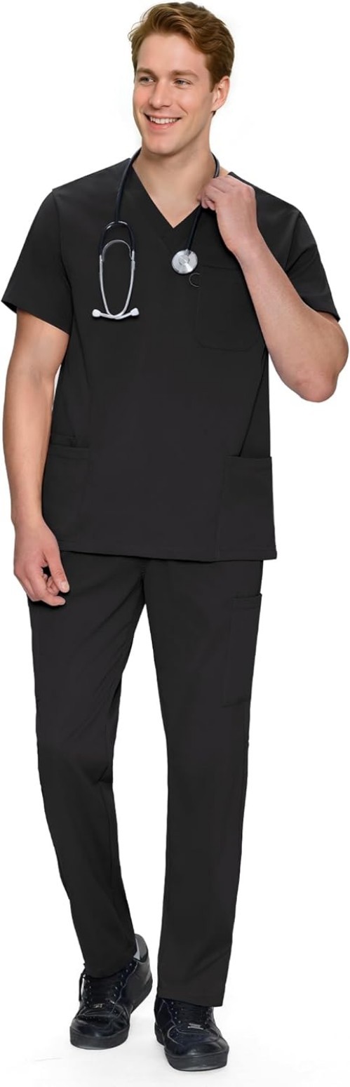 Scrubs for Men Set – V-Neck Scrub Top and Straight Leg Pants with 11 Pockets …