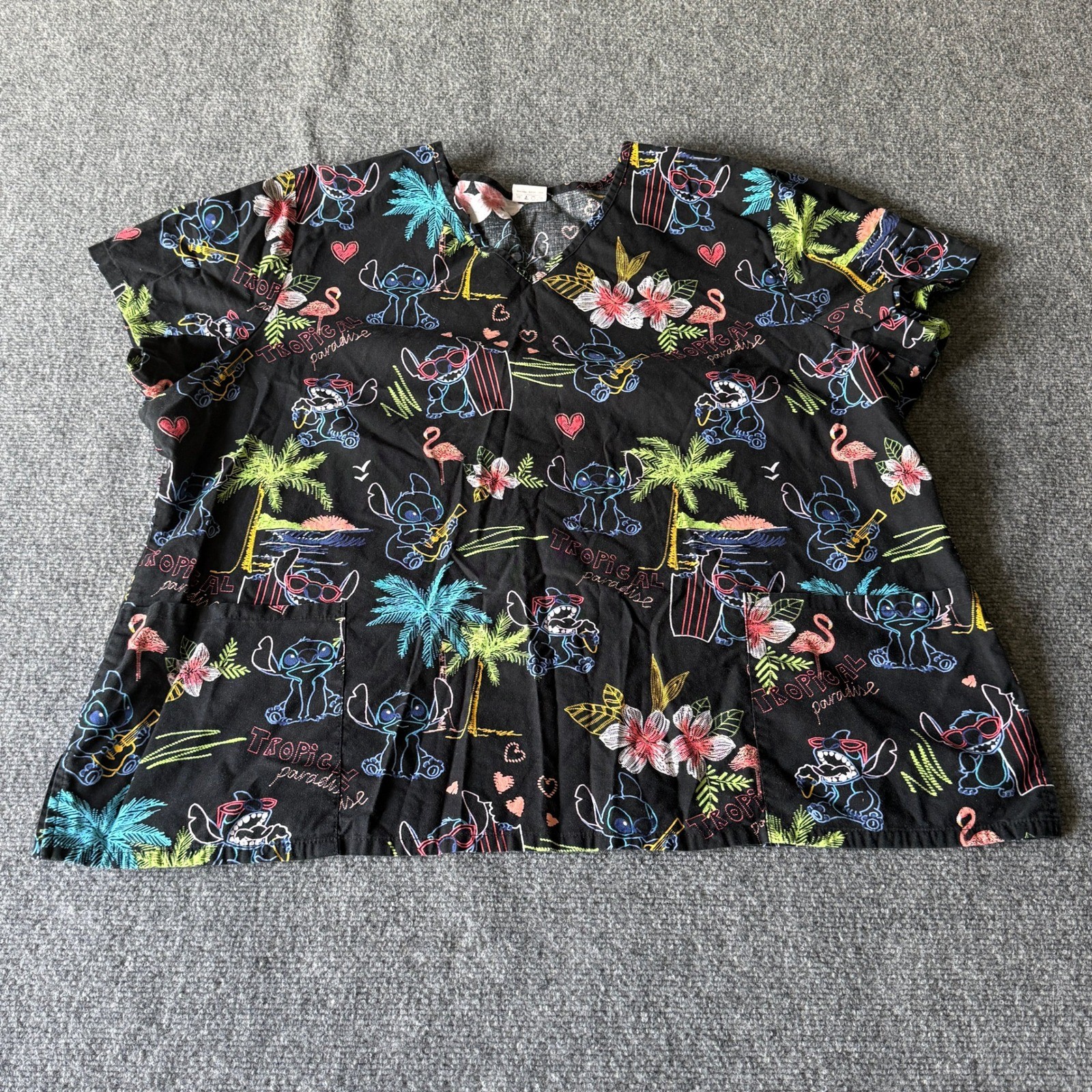 Disney Stitch Tropical Paradise Black Scrub Top V-Neck 3XL WM10T733L Neon Print