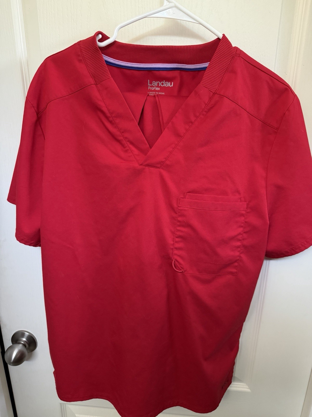 Landau Red Solid V-Neck Scrub Top with Chest Pocket, Unisex Medical
