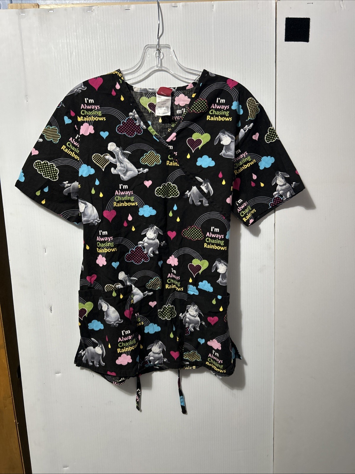 Disney Women Scrub Top M Black Graphic Print Eeyore Rainbows Short Sleeve