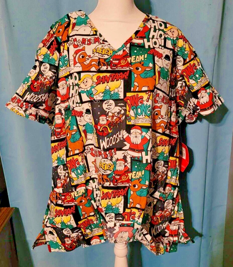 new RUDOLPH THE RED NOSED REINDEER comic SCRUB TOP sz choice S M L XL 2XL 3XL