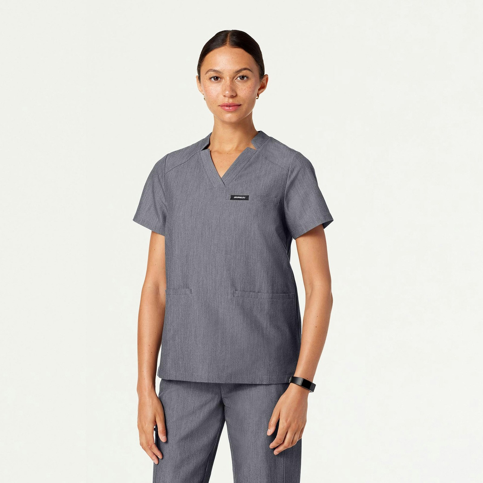 JAANUU Helia Notched V-Neck Scrub Top Small Heather Gray Comfortable Fit