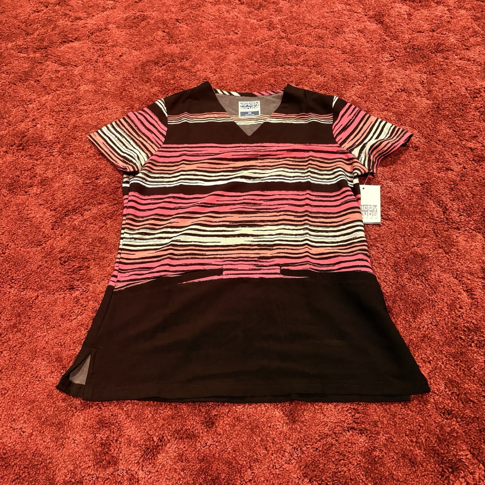 Strictly Scrubs Stretch Scrub Top Pink Black Grey Size XS New With Tags