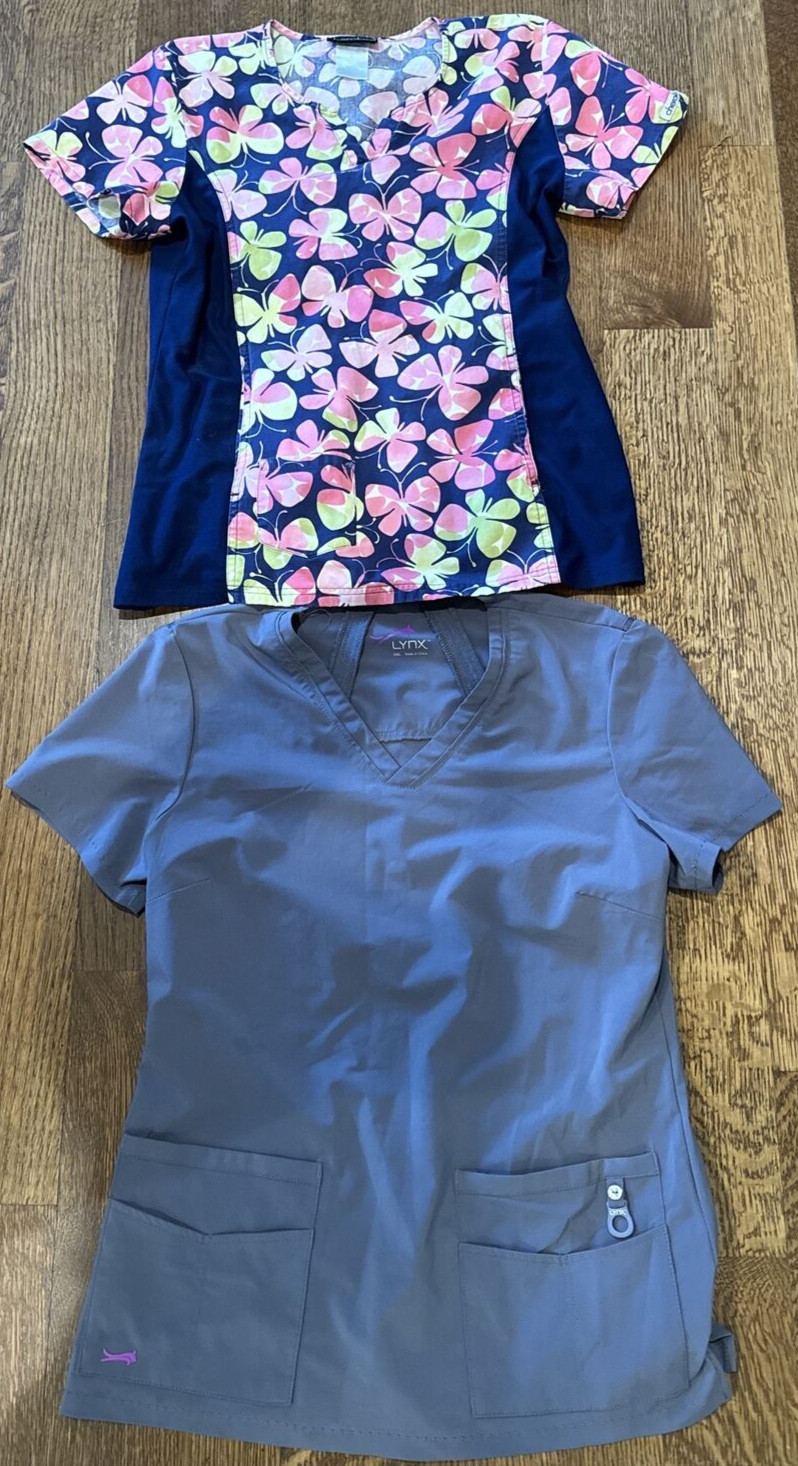Cherokee Small Scrub Top Lot of 2 Lynx Gray Short Sleeve Butterfly Pattern