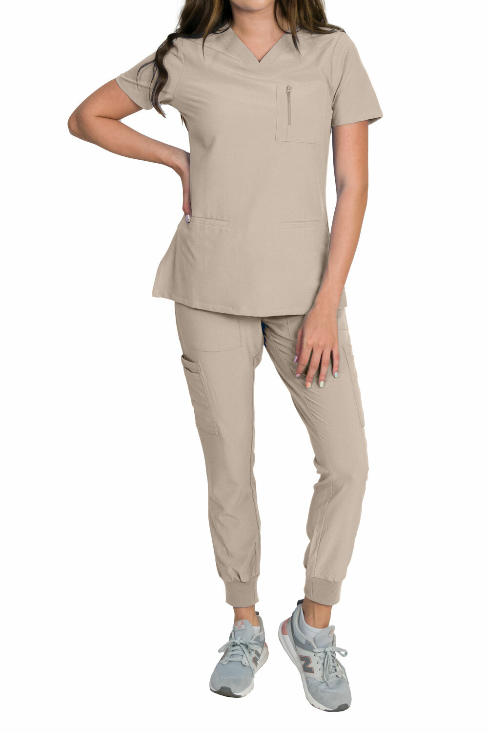 Medgear Women’s Stretch Scrub Set – Zip Pocket Top & Knit Rib Cuff Jogger Pants
