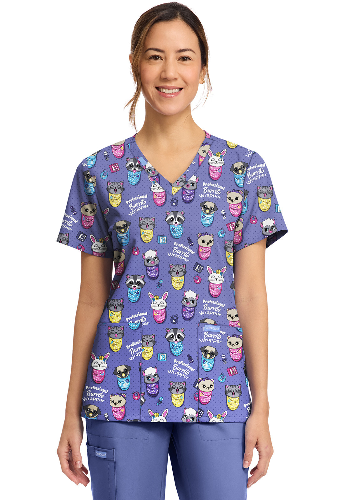 Baby Burritos Cherokee Scrubs Animal Print V Neck Top CK856 BYBU