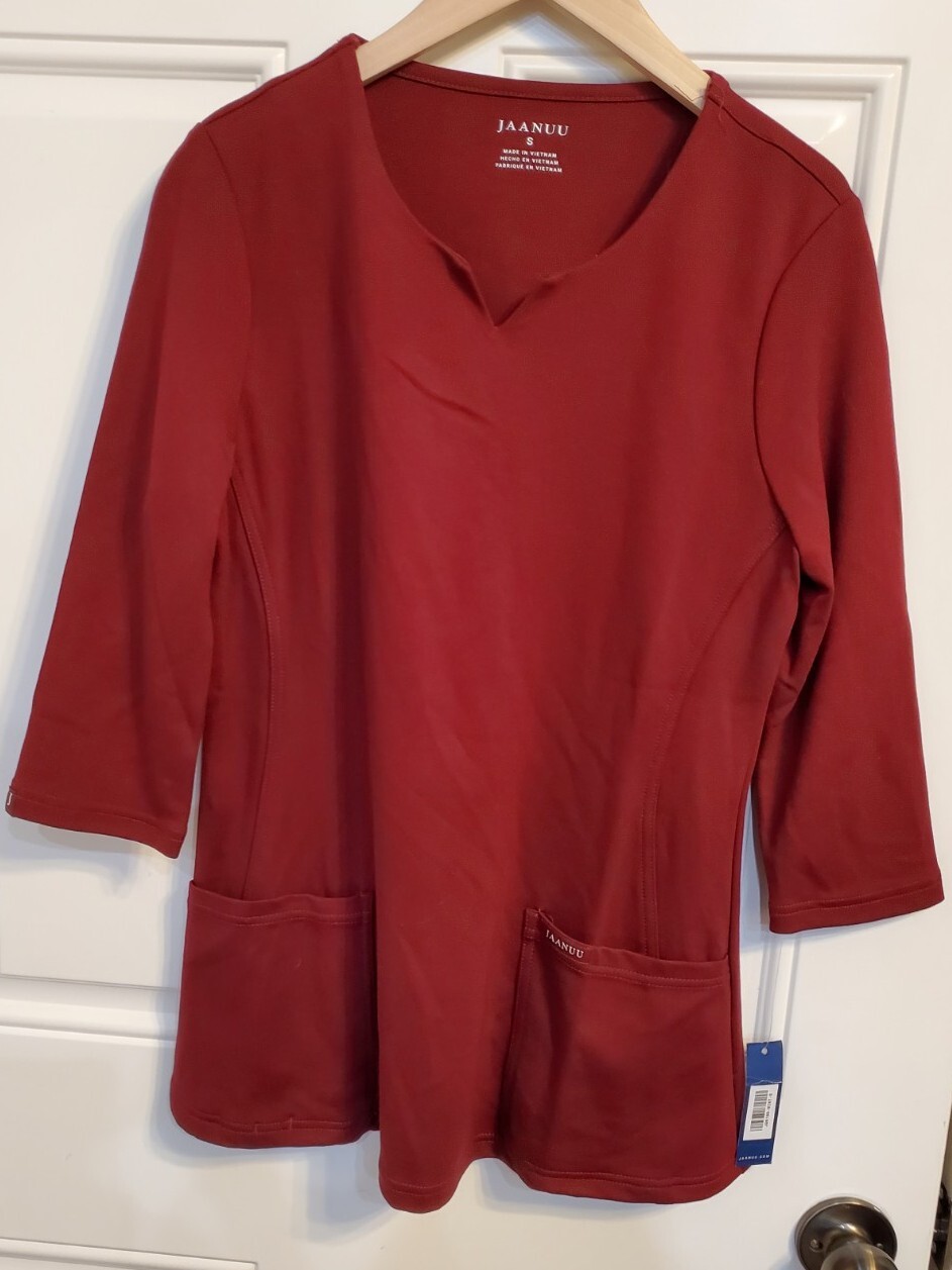 Jaanuu Women’s 3/4 Sleeve Jersey 3-Pocket Scrub Top (J96199) Wine – Small
