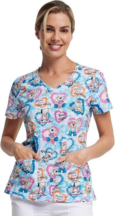 Dickies EDS Scrubs Top Women’s XS V-Neck White Dog Pet Lover Peace Hippie Hounds