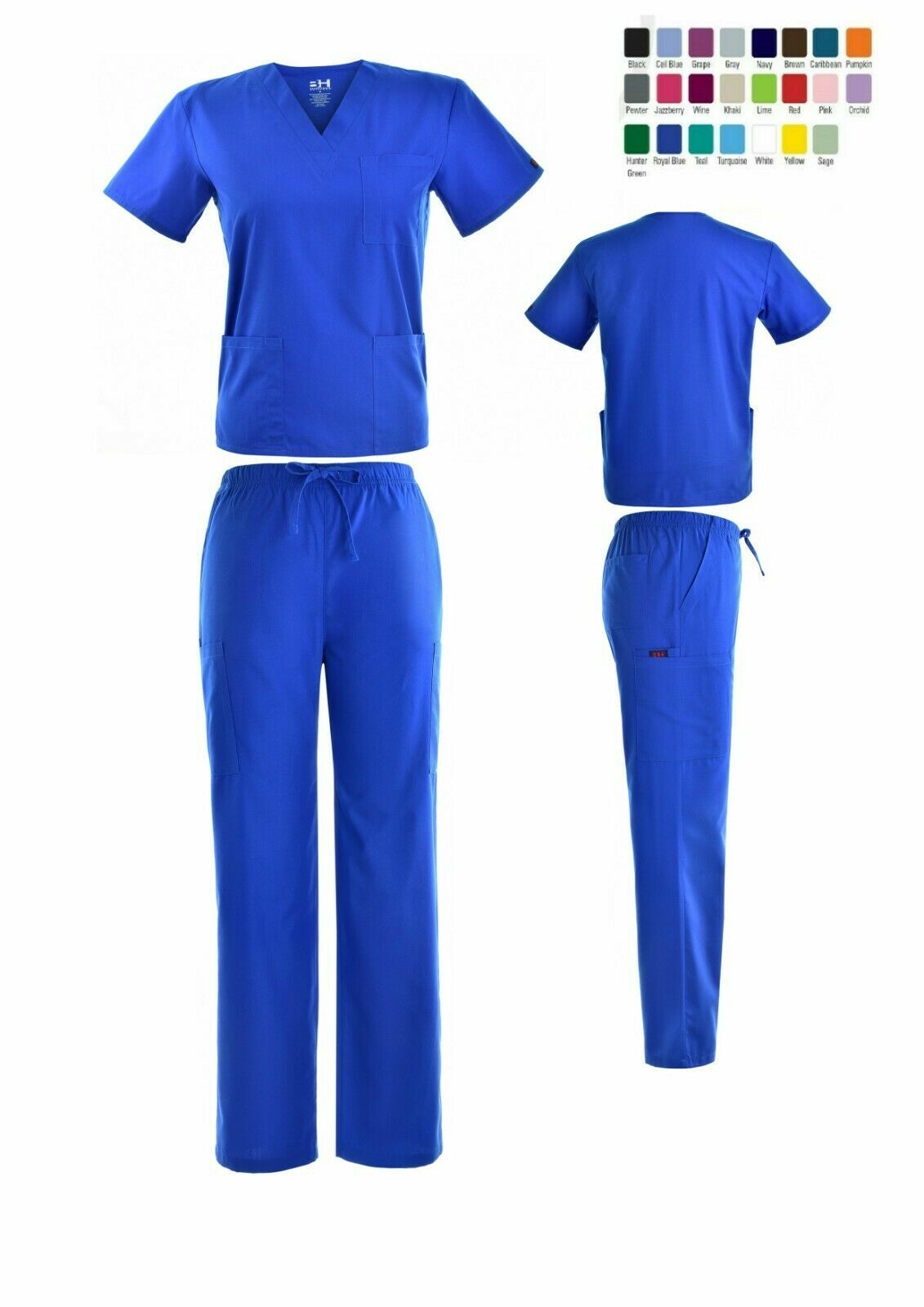 Unisex STRETCH Scrub Sets Solid V-Neck Top Cargo Pant Men Women Nursing Uniform
