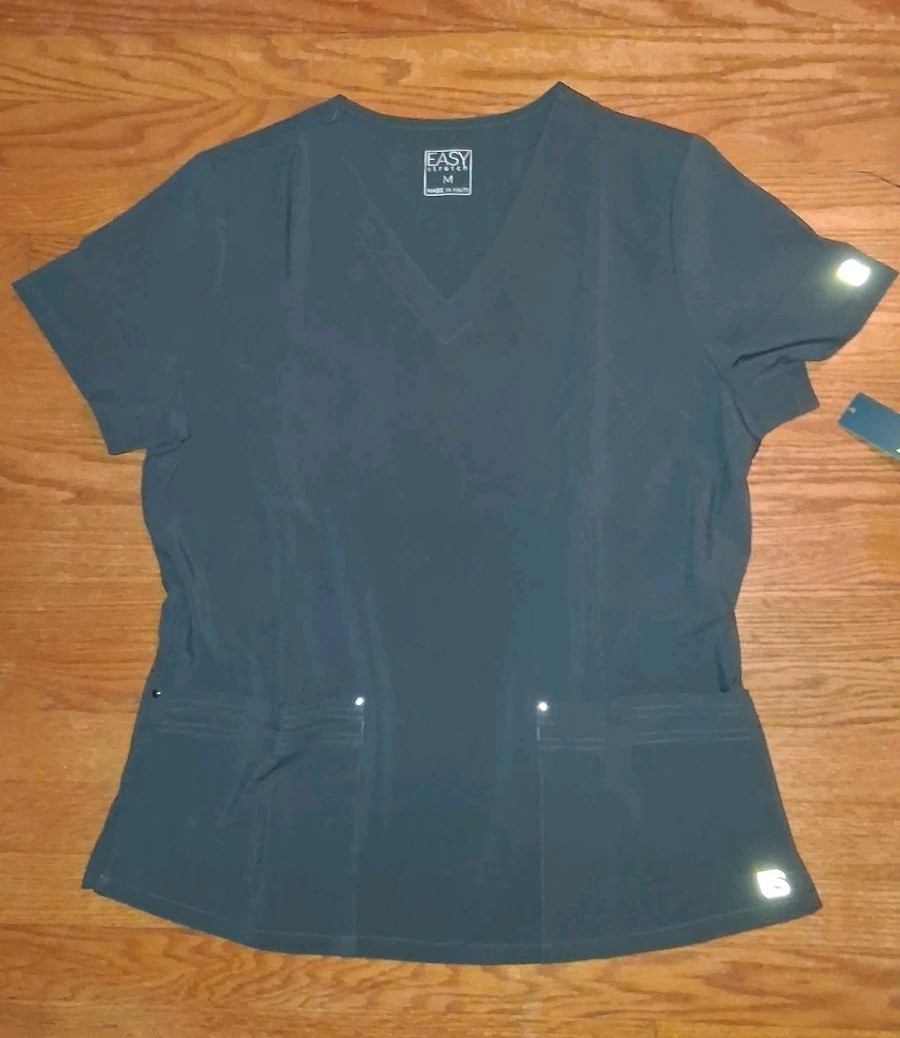 Easy Stretch Scrub Top Pewter V Neck Short Sleeve Size M