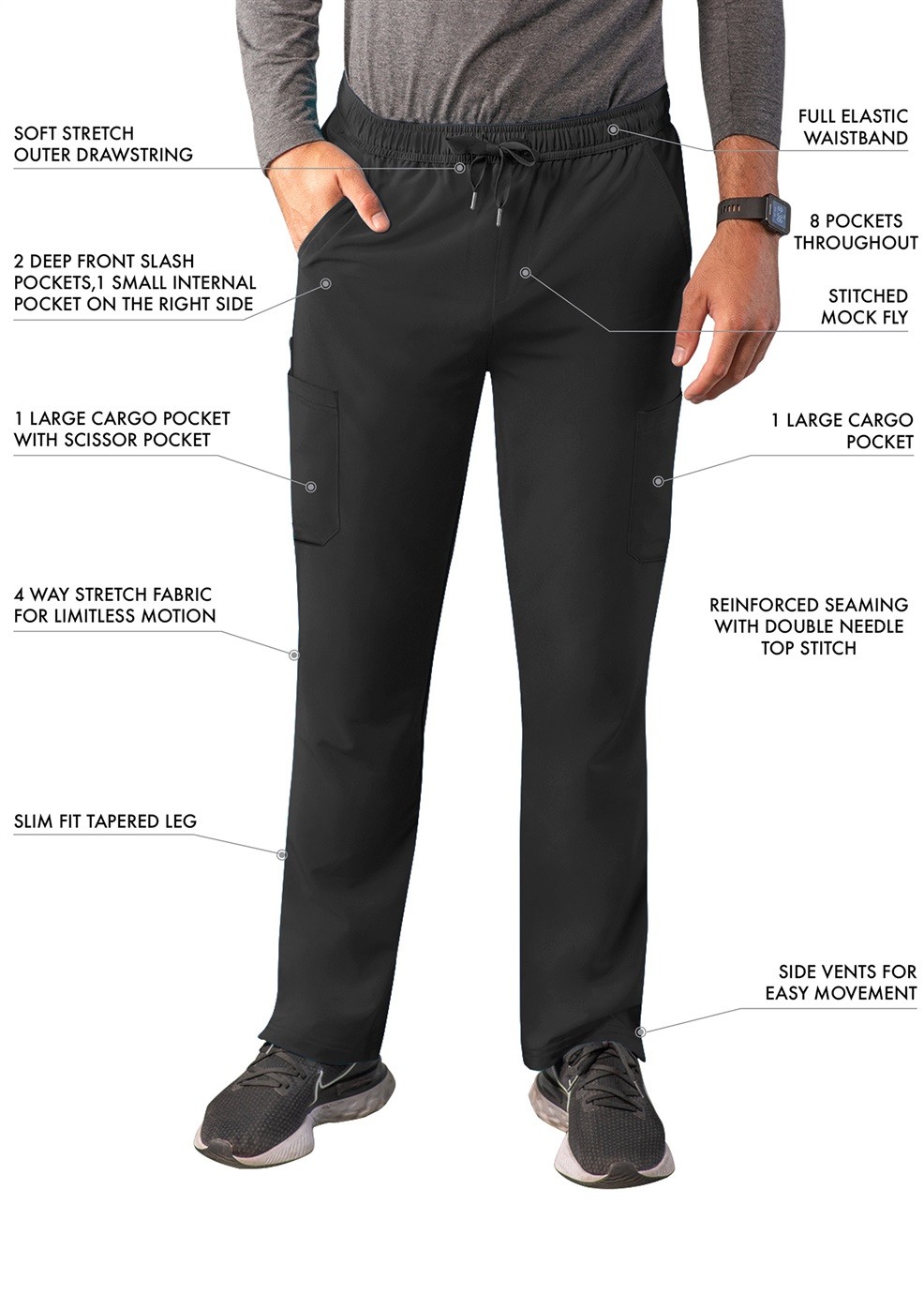 Adar Addition Scrubs For Men – Slim Leg Cargo Drawstring Scrub Pants