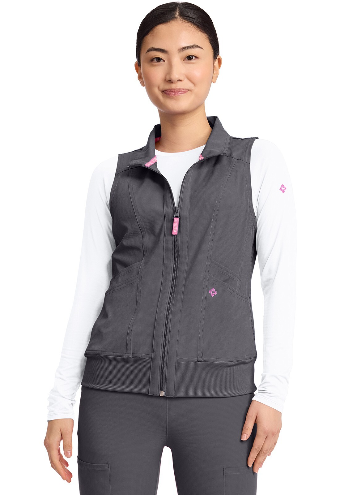 Med Couture Women’s Scrubs 4-Pocket Zip Front Vest MC500 PWTR Pewter Free Ship