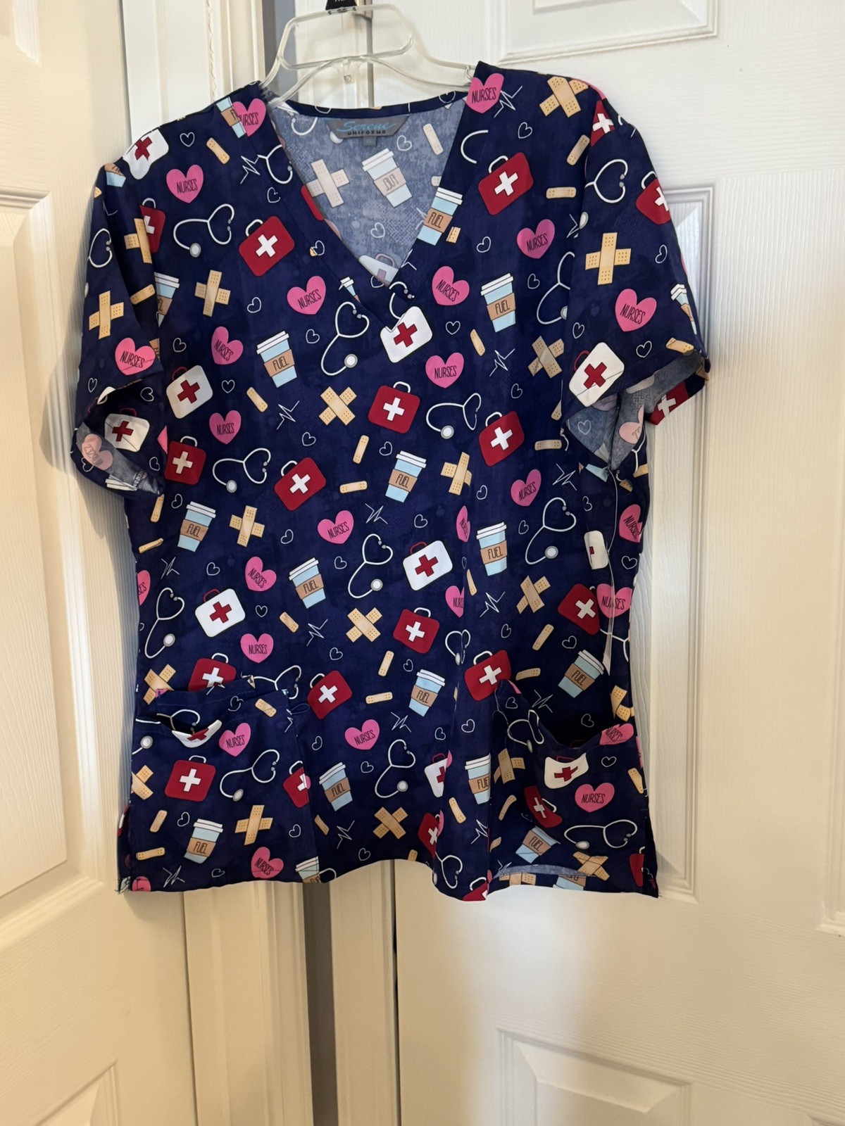Serene Women’s Scrub Top – Purple With Medical Items- Size XL
