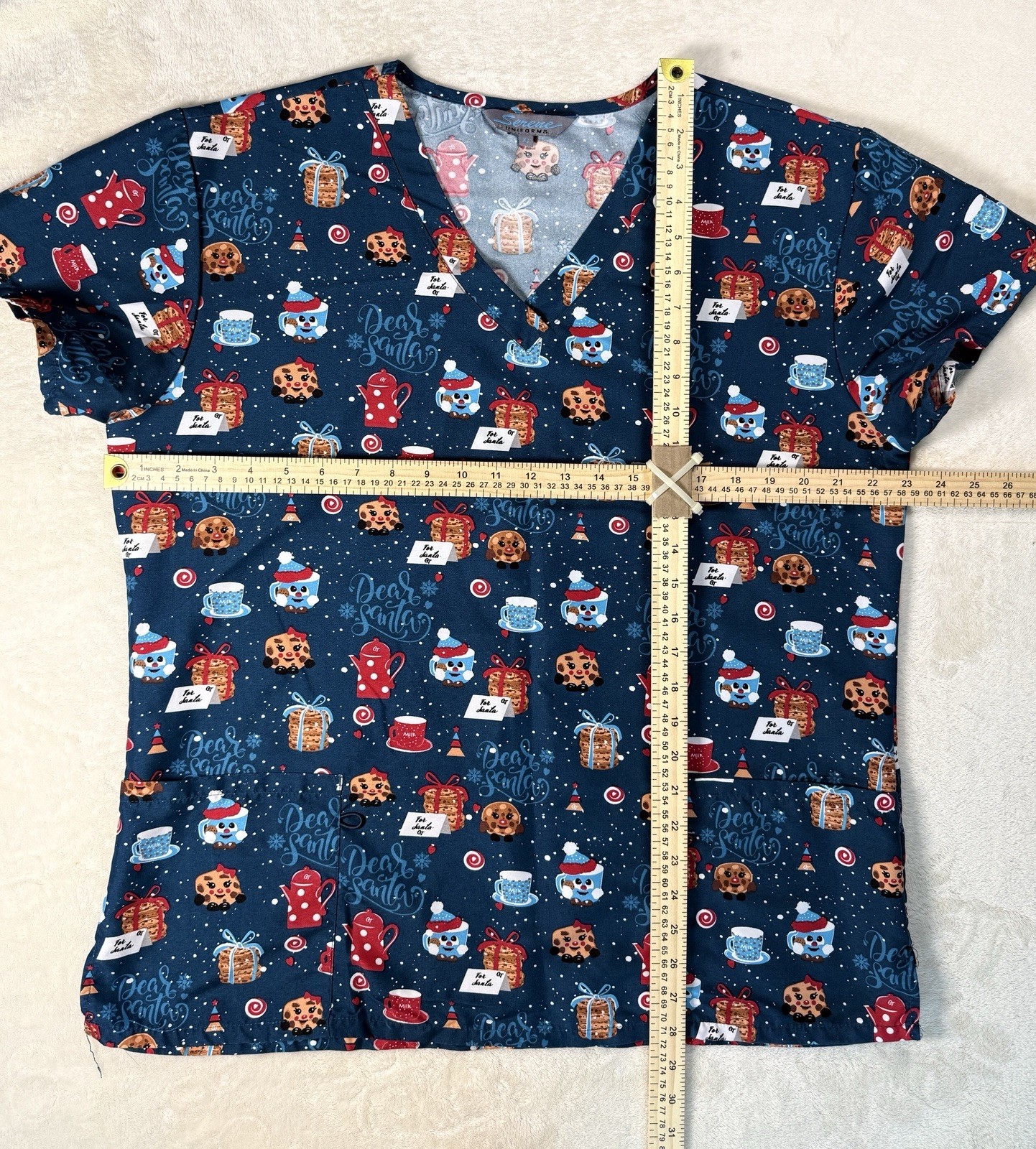 Serene Uniforms Teal Holiday Cocoa Cookie Sweets Festive Scrub Top Size XL