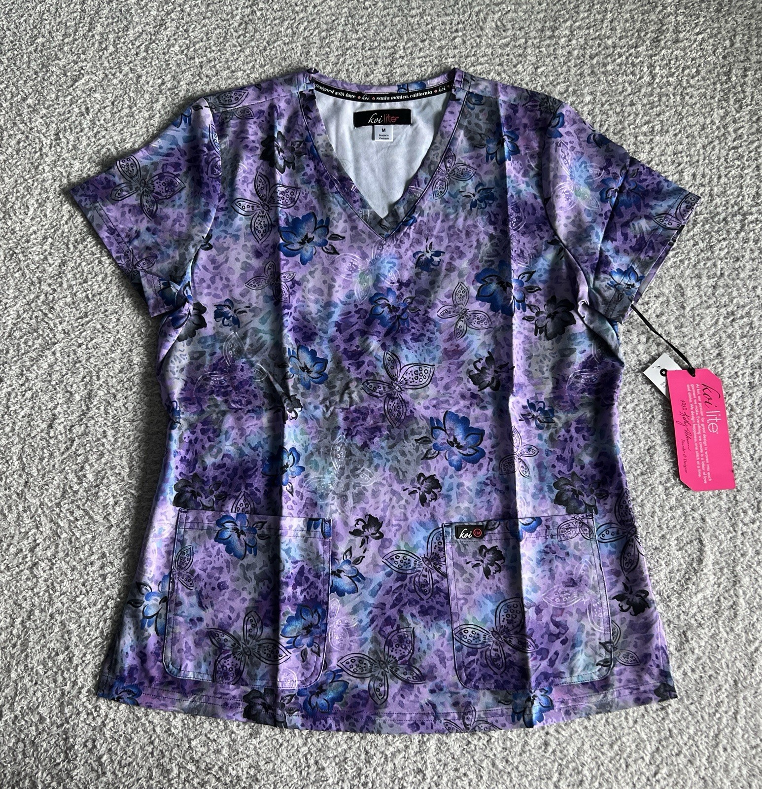 Koi Lite Scrub Top Women’s Sz Medium Purple Electric Butterfly Stretch Nursing