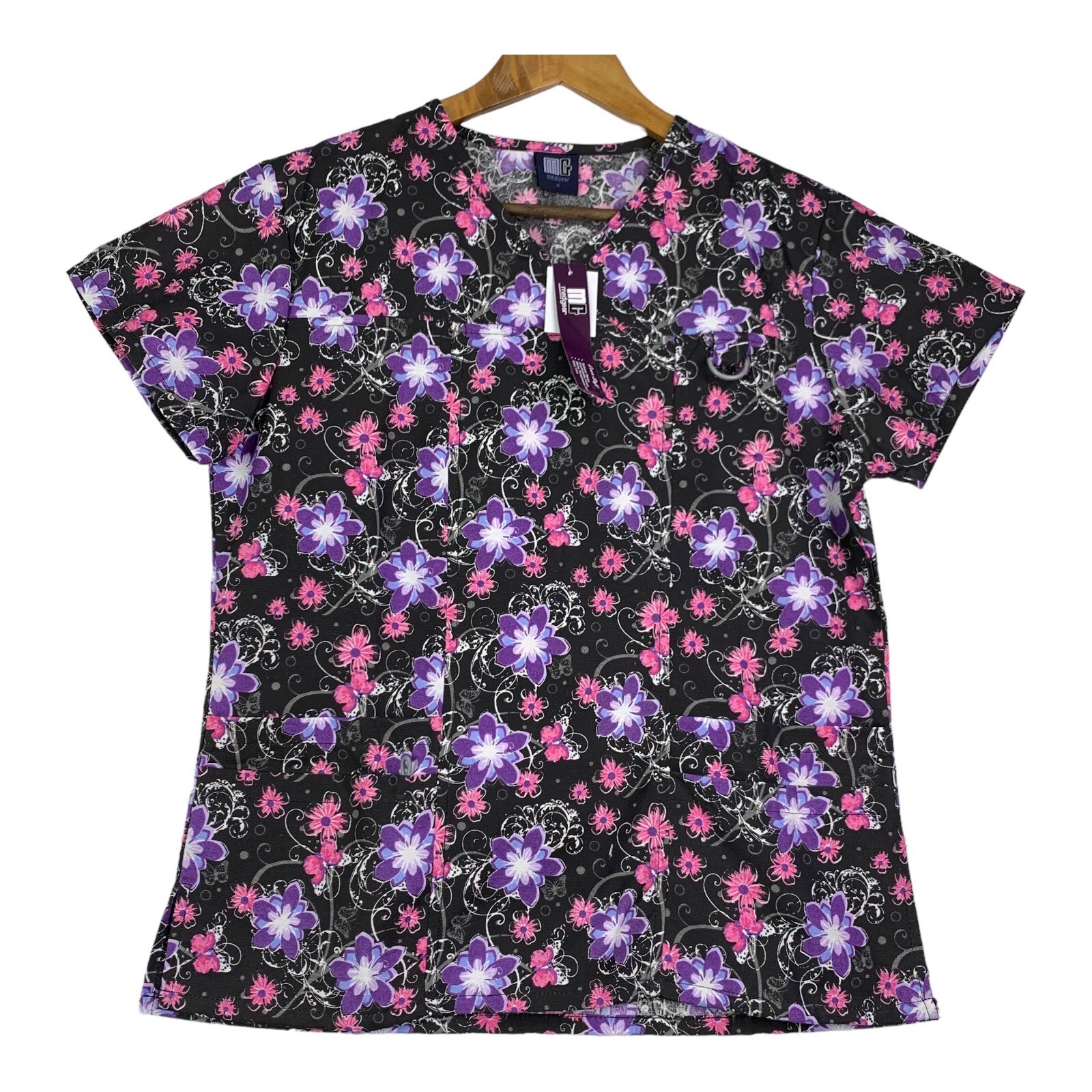 MG Medgear Womens Scrub Top V Neck Black Floral Paradise Easy Care Size S