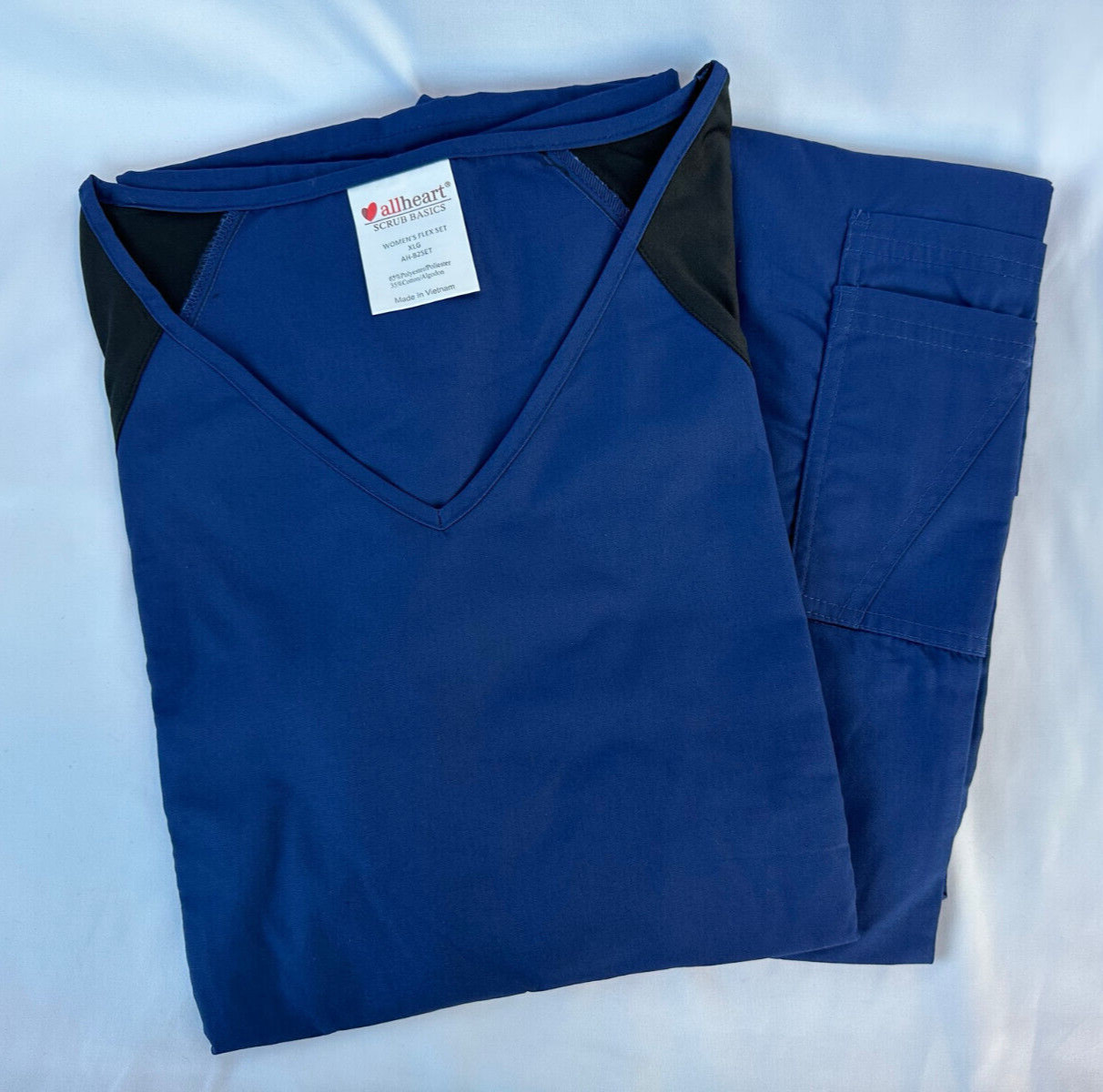 NIP Allheart Scrub Basics Womens Flex Set X-Large Blue/Black V-neck Top & Pants