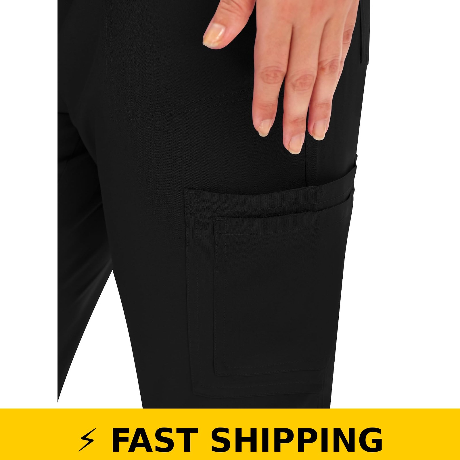 COZYFIT Women’s Scrub Set – V Neck Top & Cargo Pants, Black, Medium